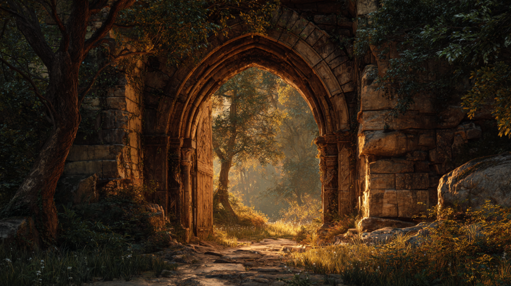 A wide-angle landscape photograph of an ancient, ivy-covered stone archway, set deep within a dense forest. The weathered, pointed Gothic arch acts as a portal, with a sun-dappled dirt path leading directly through it. Golden hour sunlight streams from beyond the arch, bathing the interior forest in a warm glow and illuminating a distant central tree. The foreground features grass and low wildflowers, with gnarled tree trunks on the left and large, rugged rock formations on the right. Detailed stone carvings are visible on the right pillar of the arch. The atmosphere is mystical and serene.